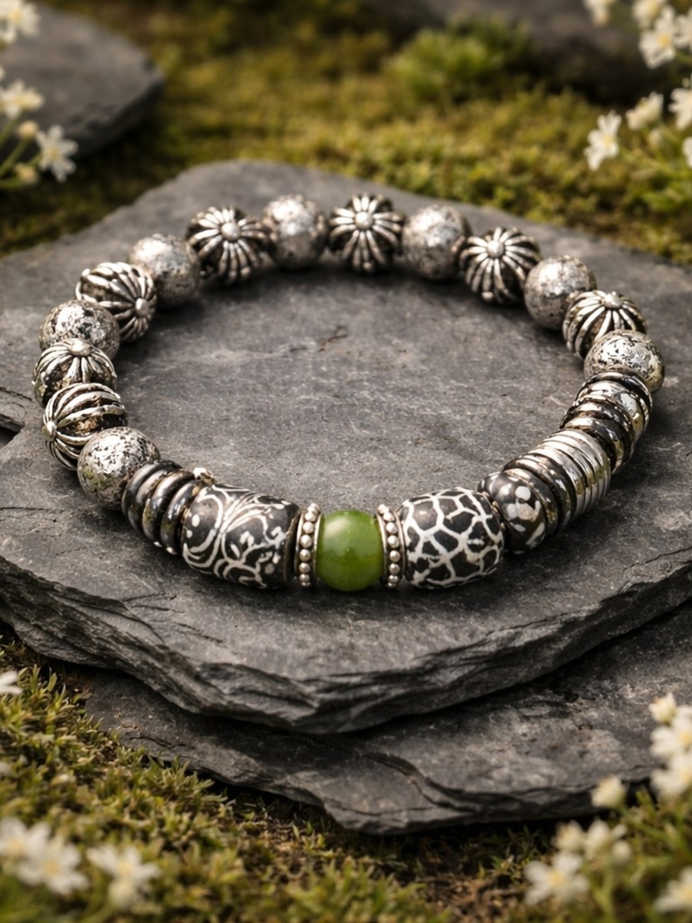 Silver-Tone Beaded Bracelet with Tribal Krobo Beads And A Green Accent